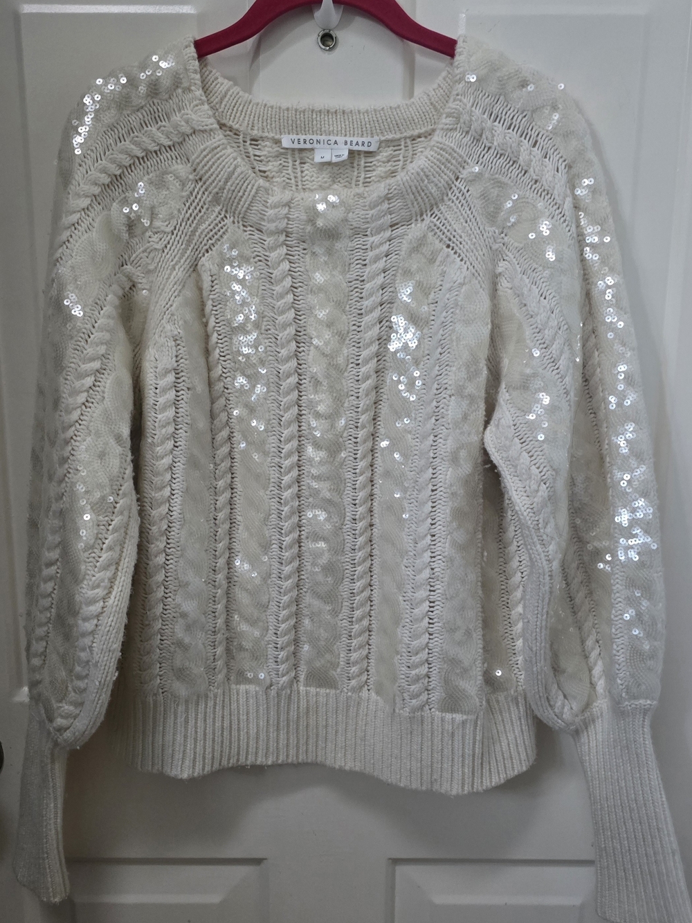 Veronica Beard Cream Sequin Cable-Knit Sweater